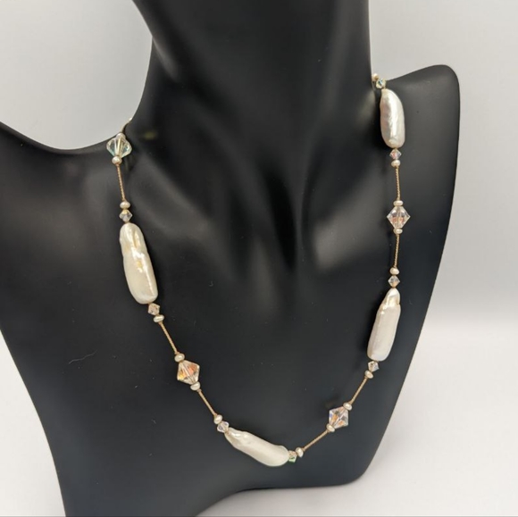 Beautiful Keshi Pearl Aurora Borealis Crystals Sterling Clasp Choker necklace - Picture 6 of 15